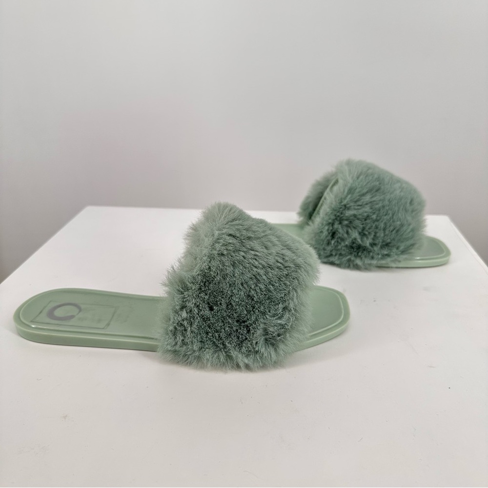 Journee Collection Dusk Faux Fur Slide Sandals in Green size 9